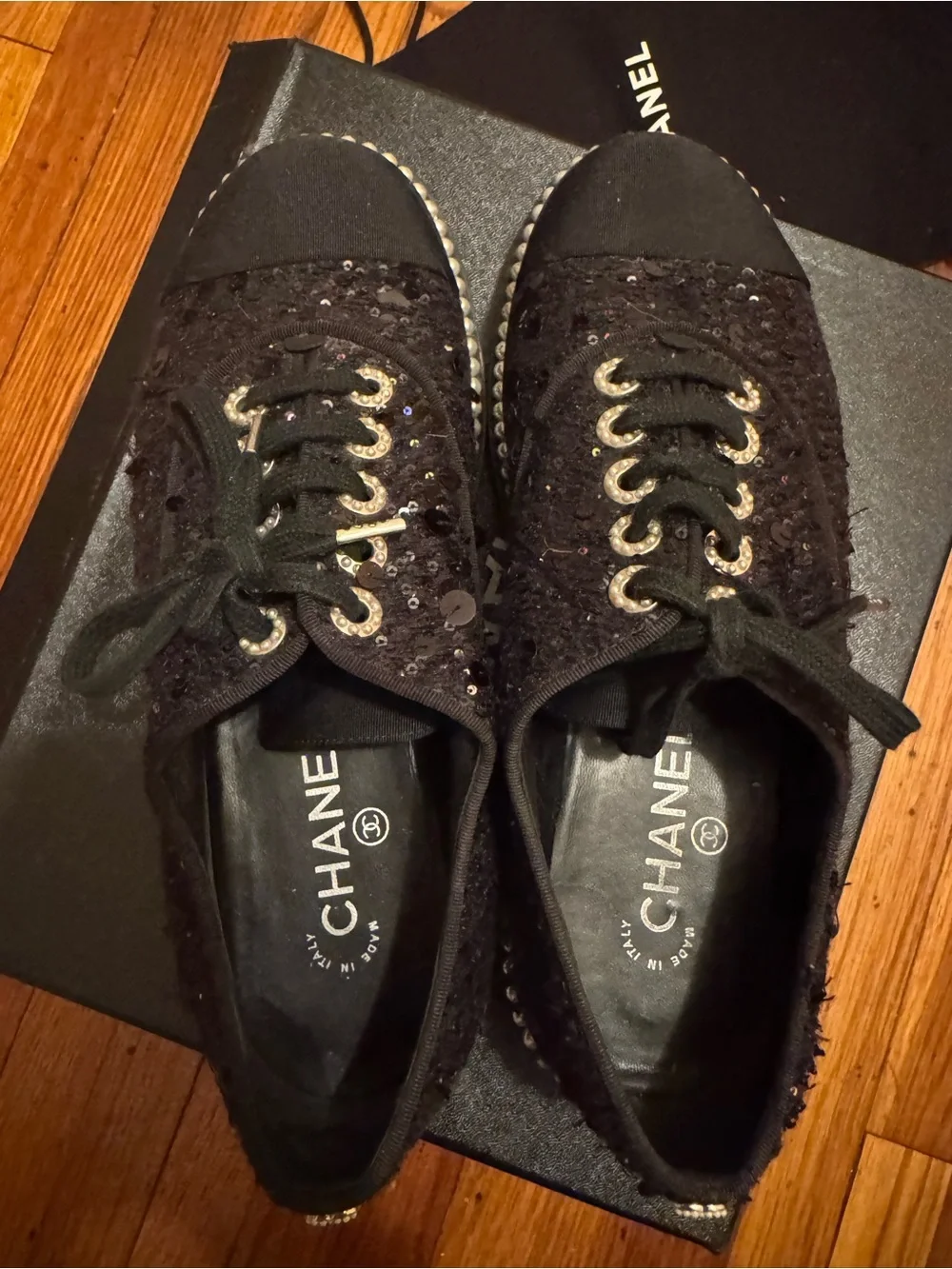CHANEL Black Tweed Pearl-Trim Slip-On Sneakers